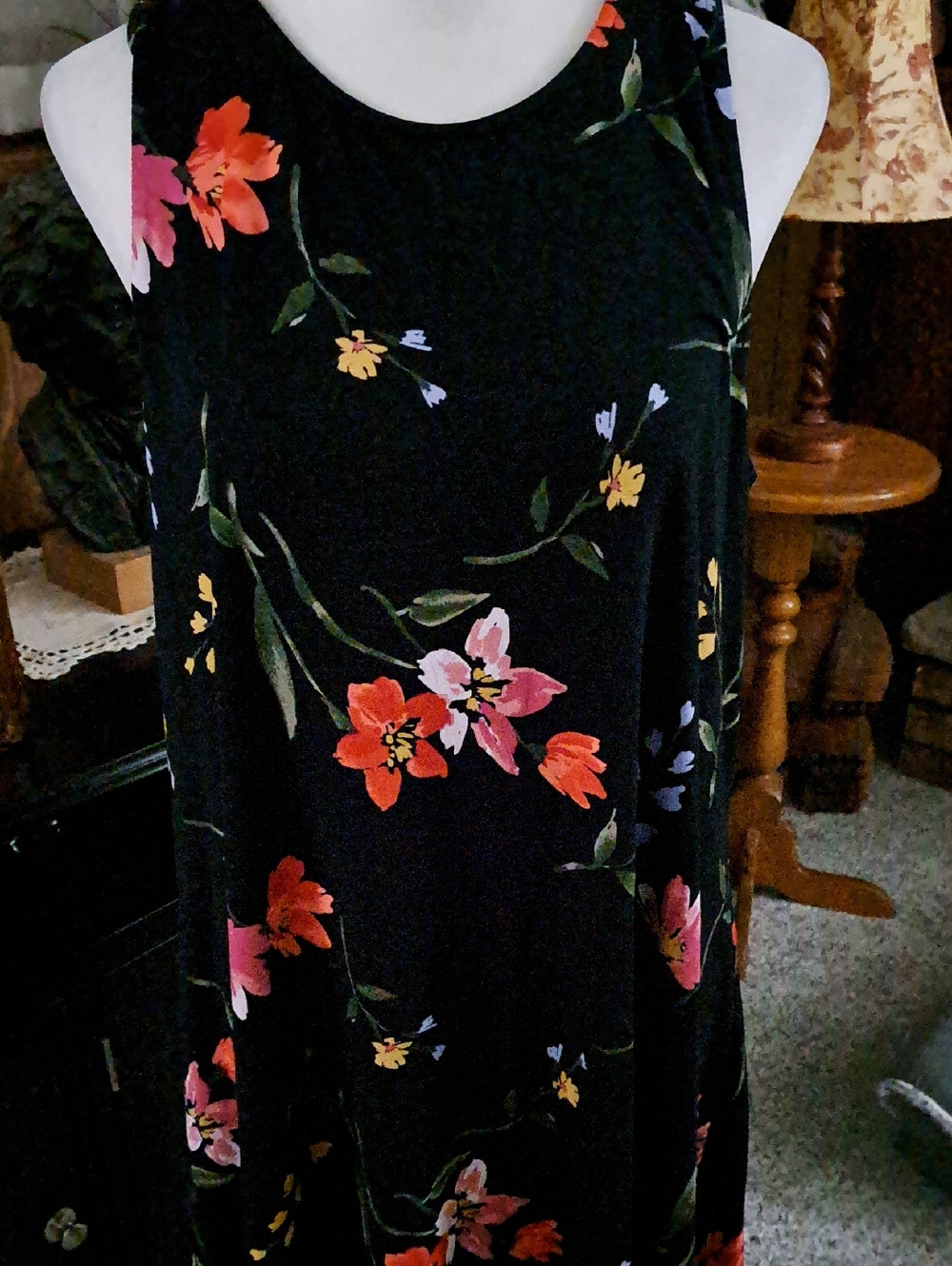 Old Navy Black Floral Tank Dress with Pink & Coral Blooms